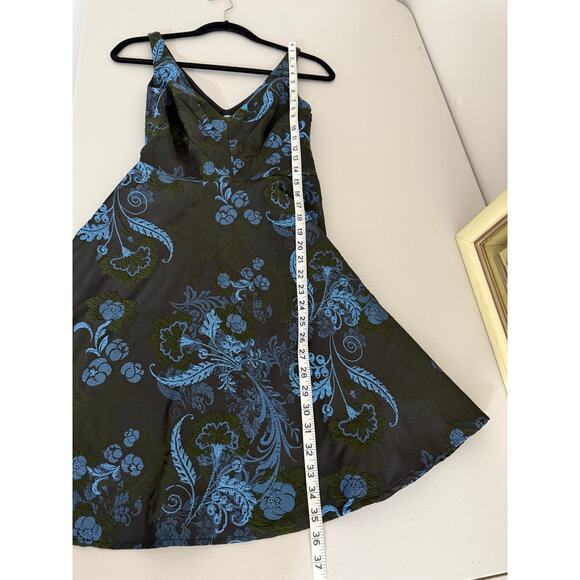 Anthropologie Blue Green Embroidered Brocade Fit & Flare Floral Mini Dress 0 - Picture 4 of 9